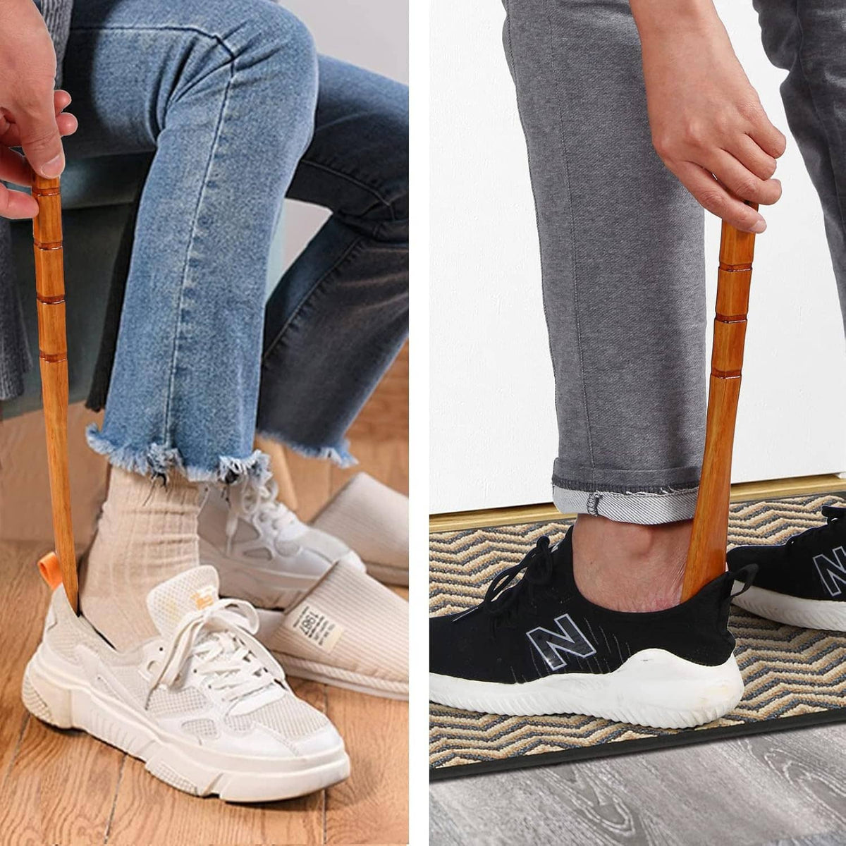 Wooden shoe horn used to lift a sneaker, curved paddle with brown handle and rope loop