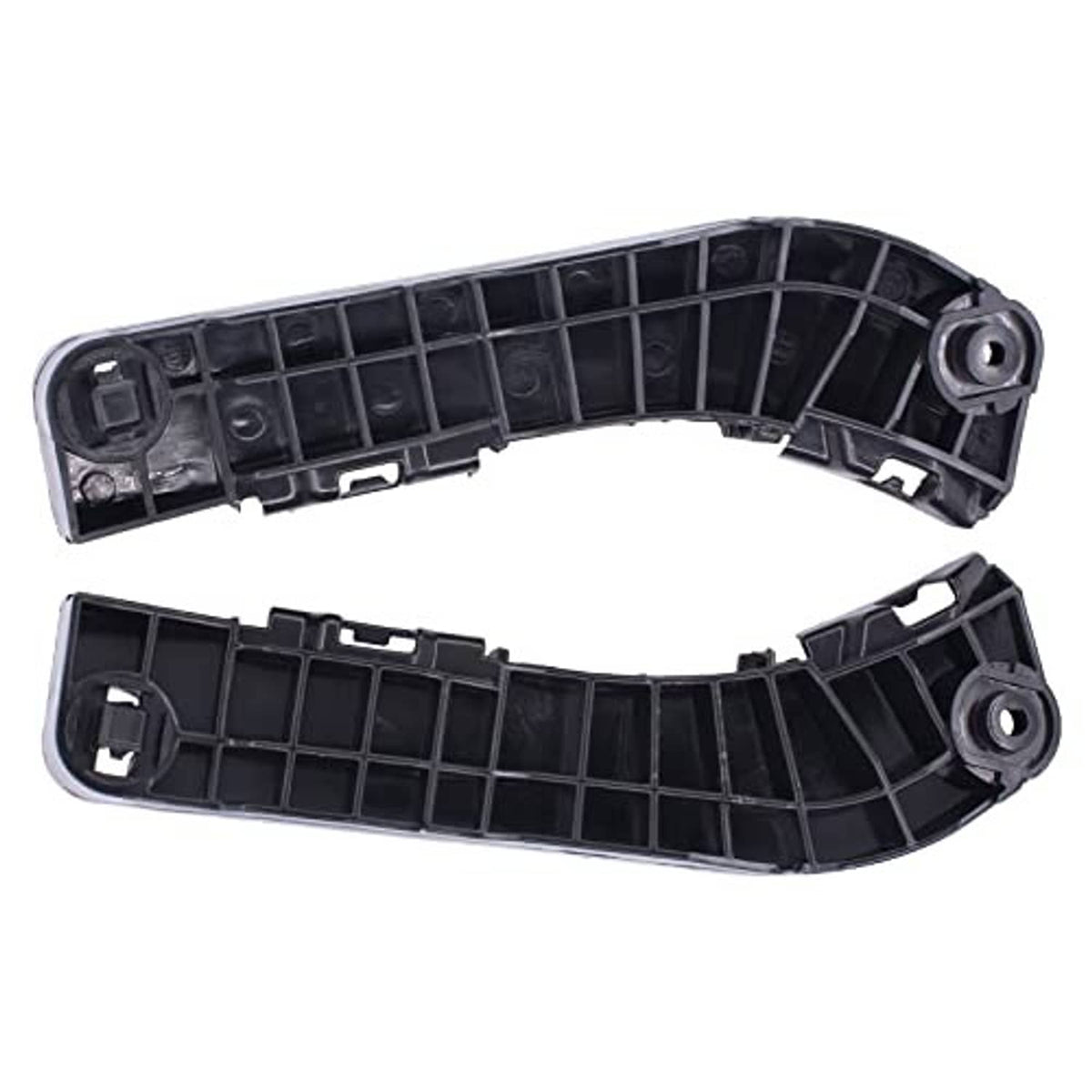 Curved black plastic bumper bracket retainer with mounting studs and internal grille slots