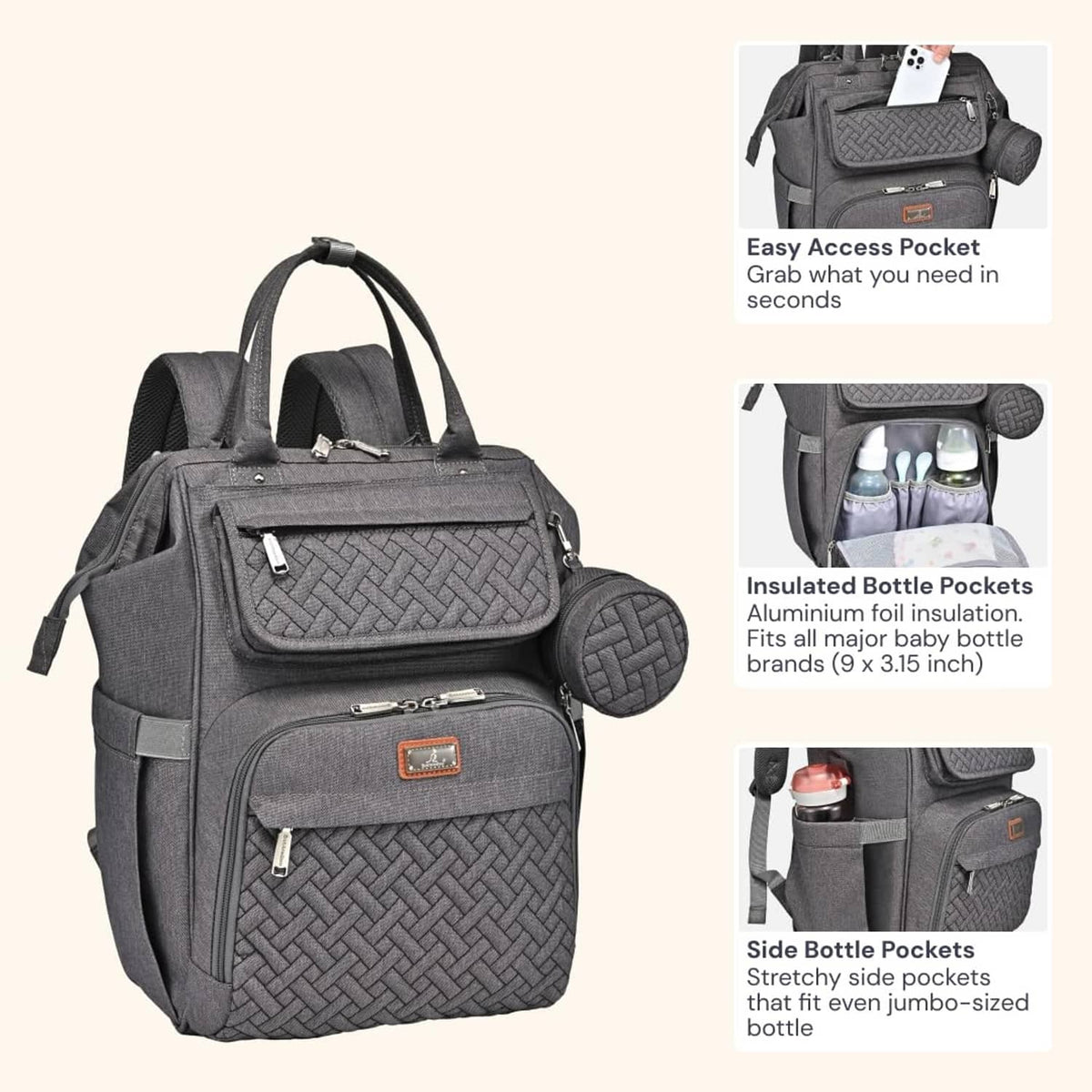 Dark gray diaper bag backpack with insulated bottle pockets and side stretch bottle pockets