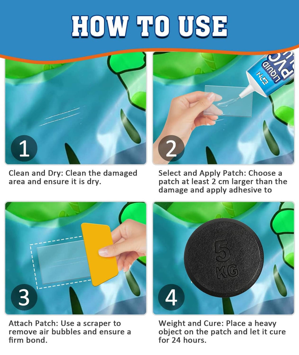 How-to PVC vinyl patch kit with glue, patch piece, scraper, and curing weight