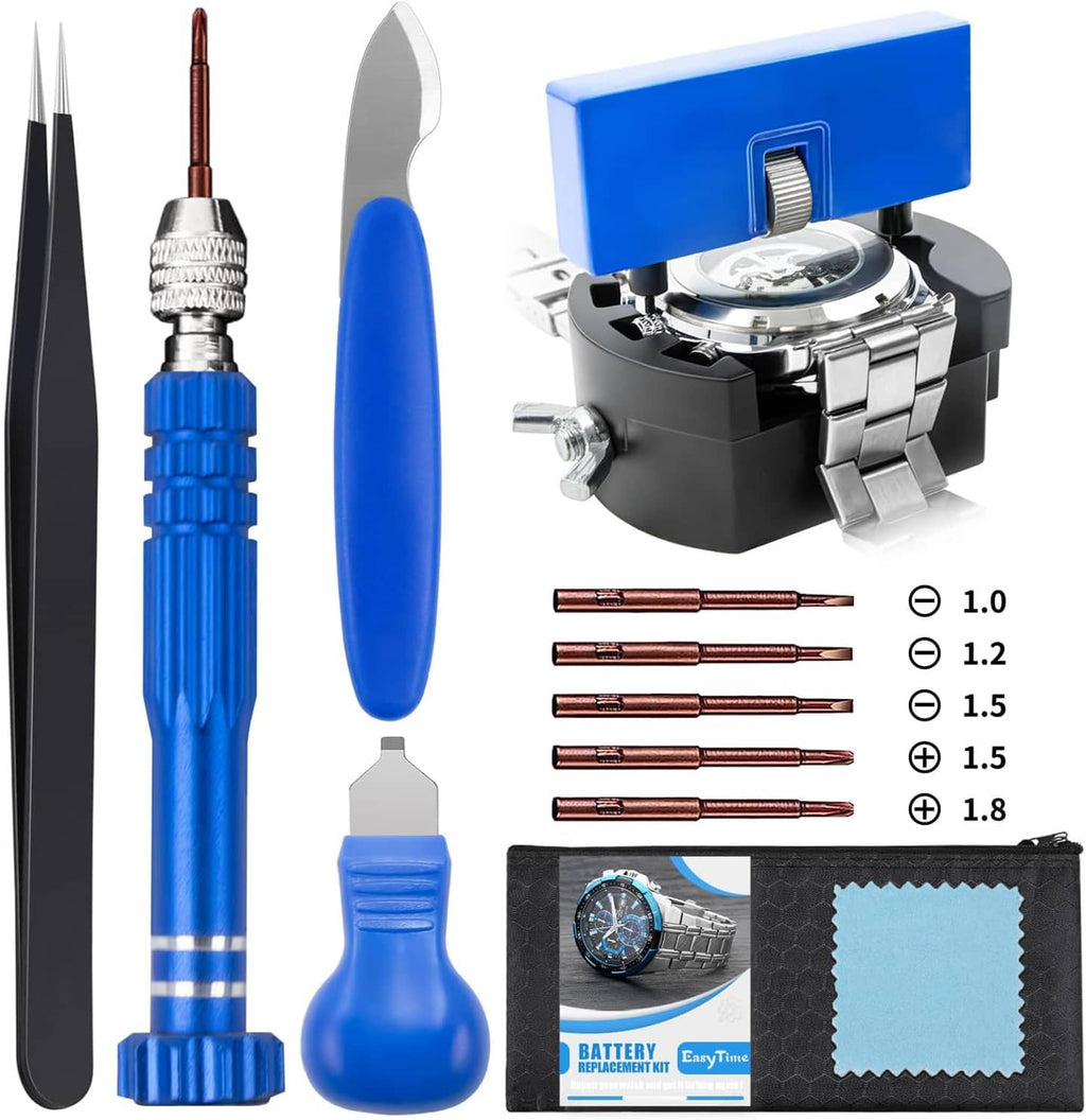 Watch battery tool kit with blue opener, blue bulb tool, metal case opener, and battery cells
