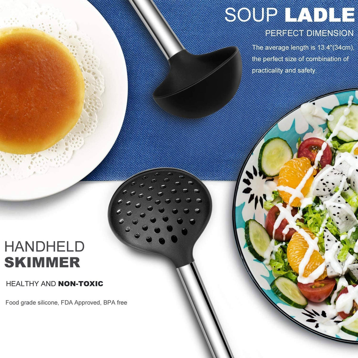 Black handheld skimmer ladle with perforated head and long stainless handle