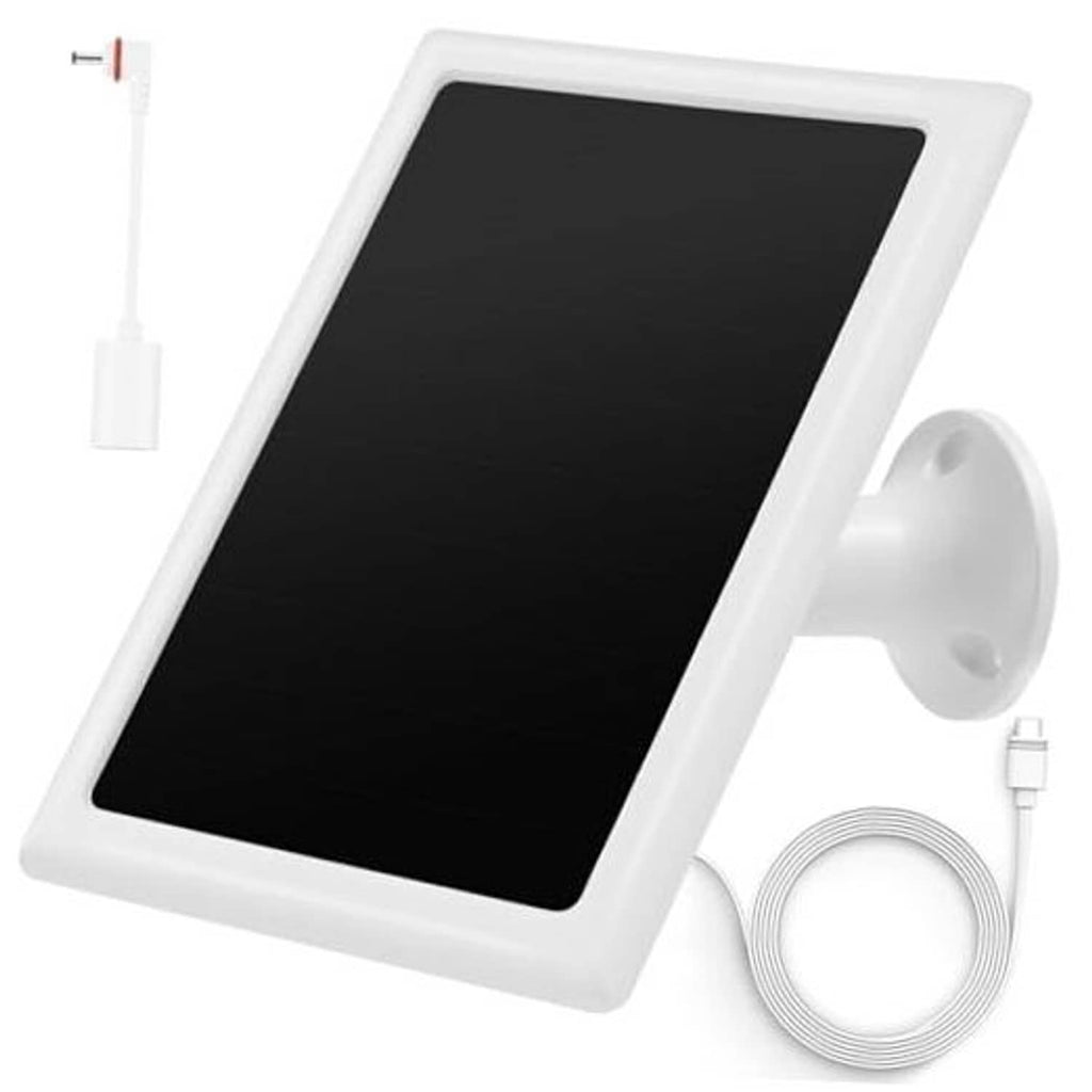 White solar panel charger with black face, wall mount bracket, and charging cable