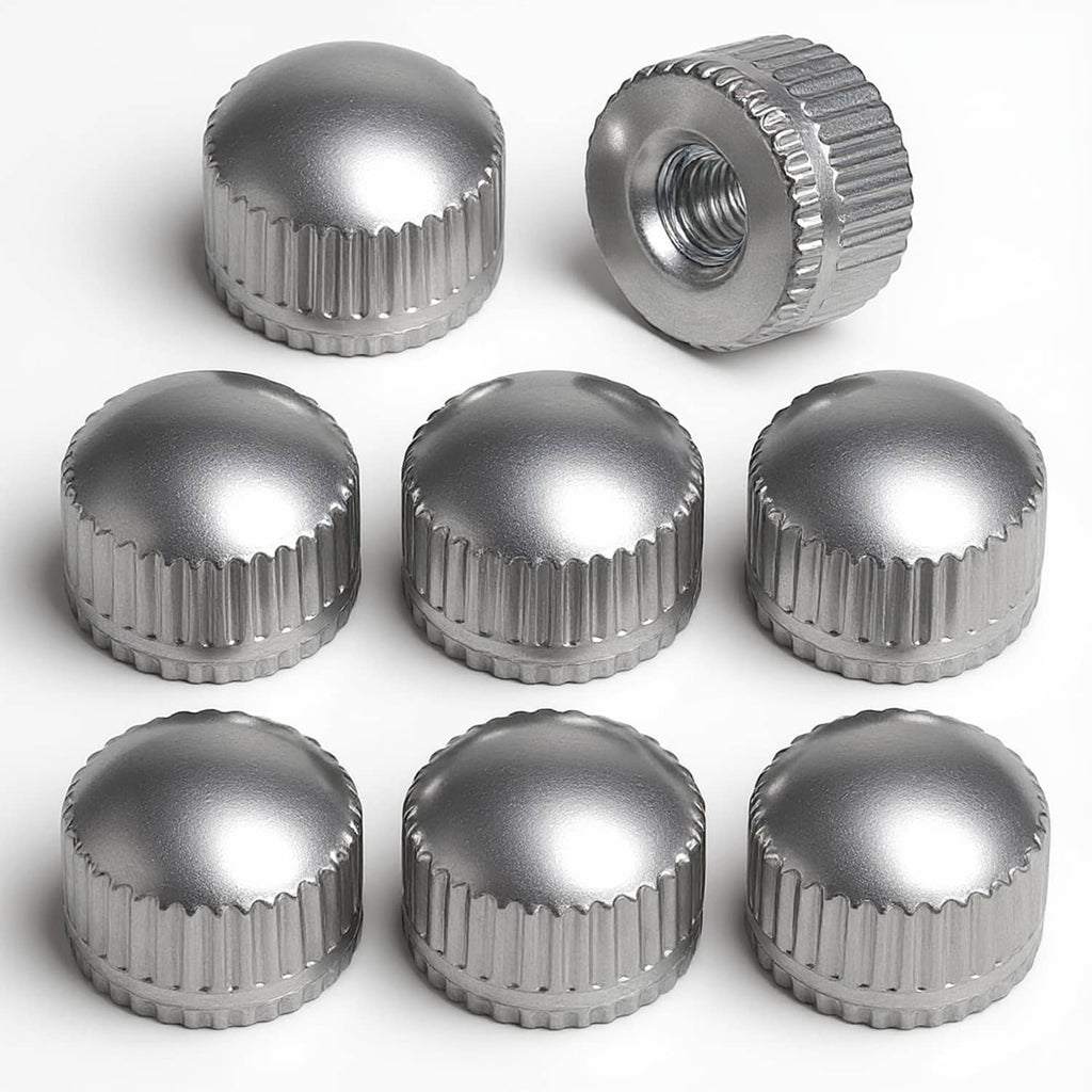 Screw light fixture caps, silver ribbed metal knob with threaded insert, 8-pack set