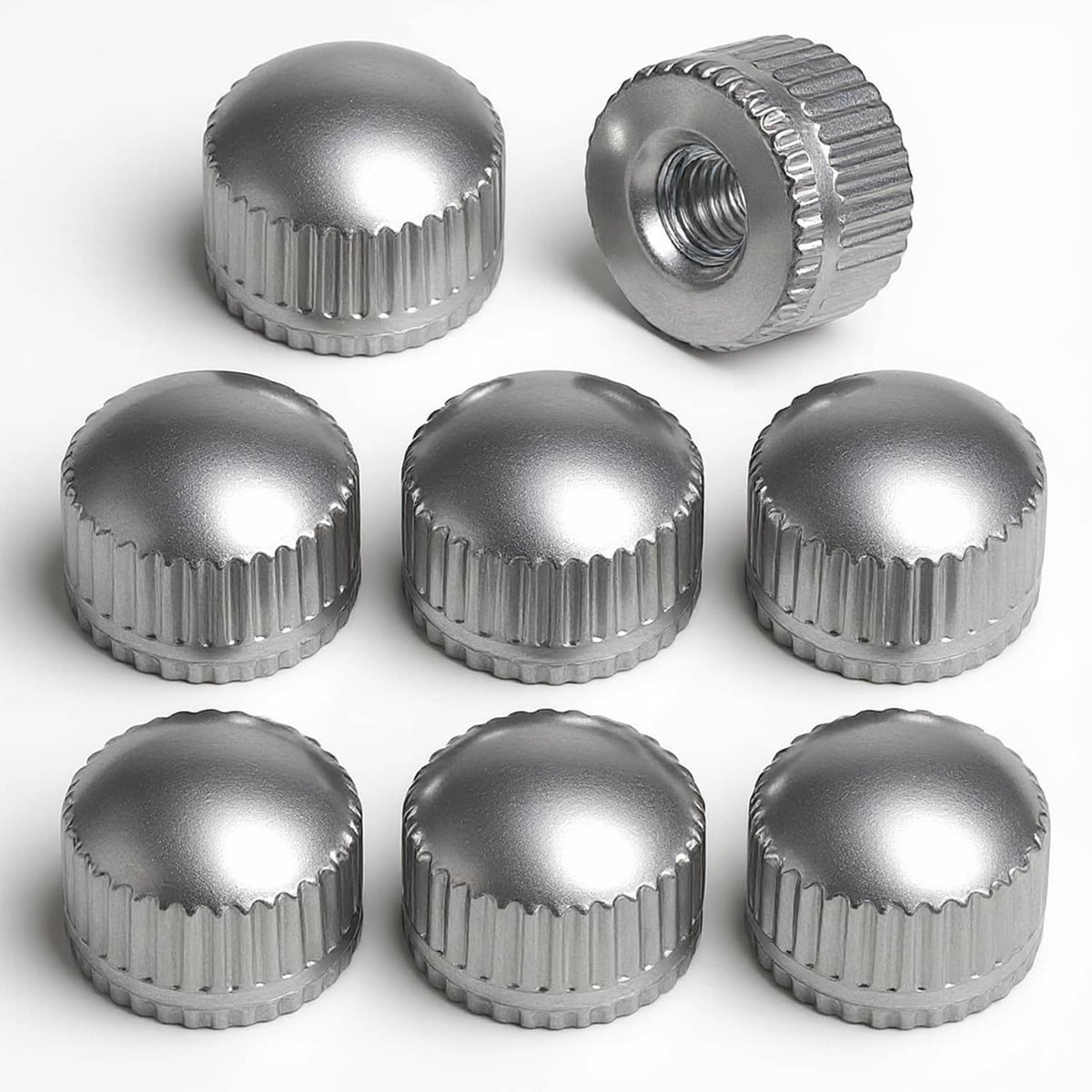 Screw light fixture caps, silver ribbed metal knob with threaded insert, 8-pack set
