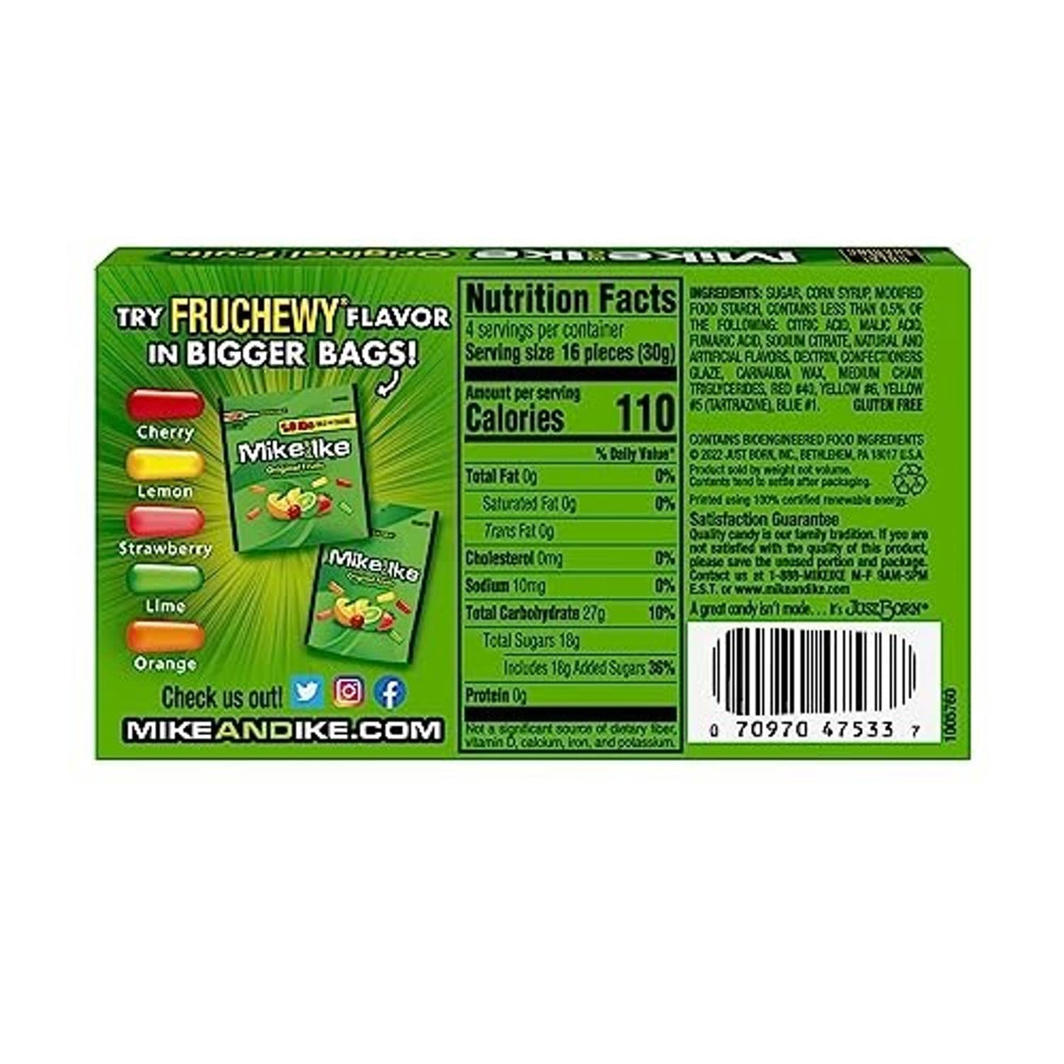 Mike and Ike Original Fruits candy box back with nutrition facts and ingredient panel