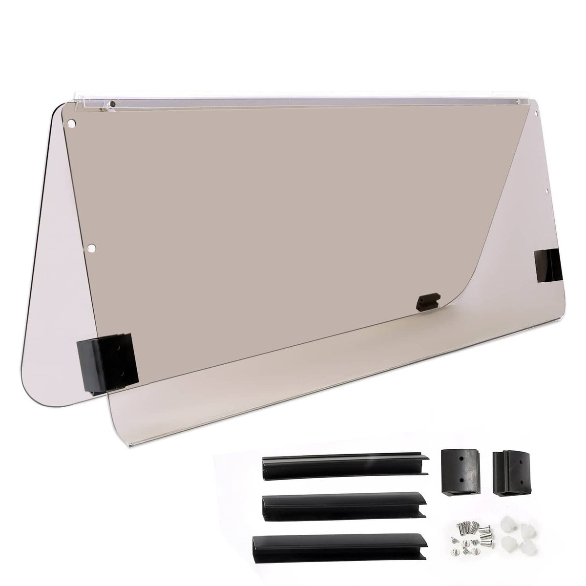 Tinted folding windshield kit with tinted panel, brackets, and hardware pieces