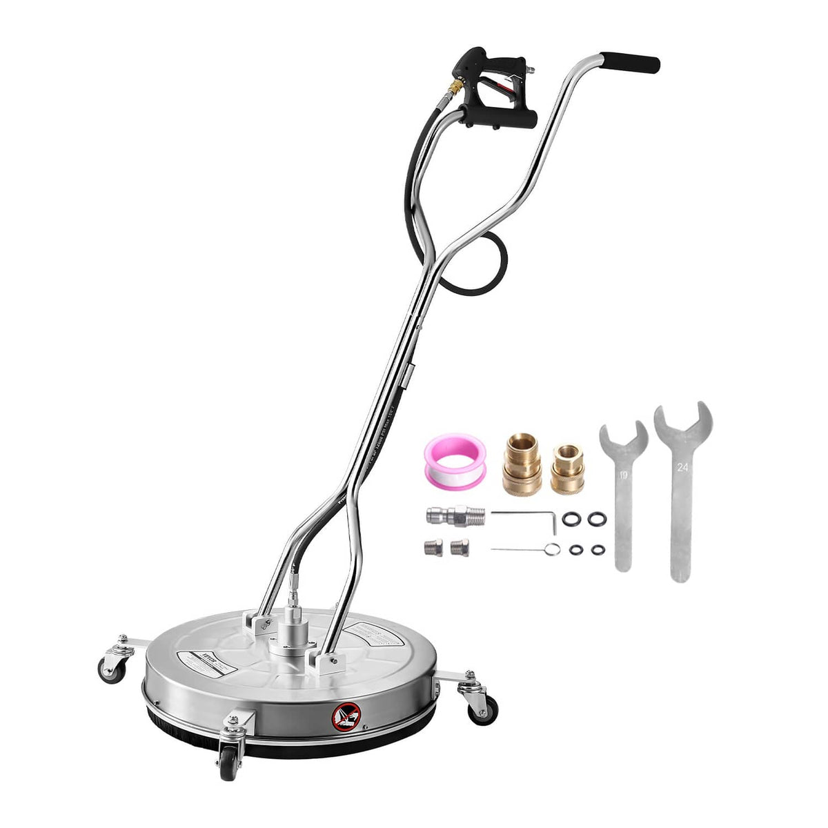 24 in stainless pressure washer surface cleaner with dual handle, four caster wheels, and fittings