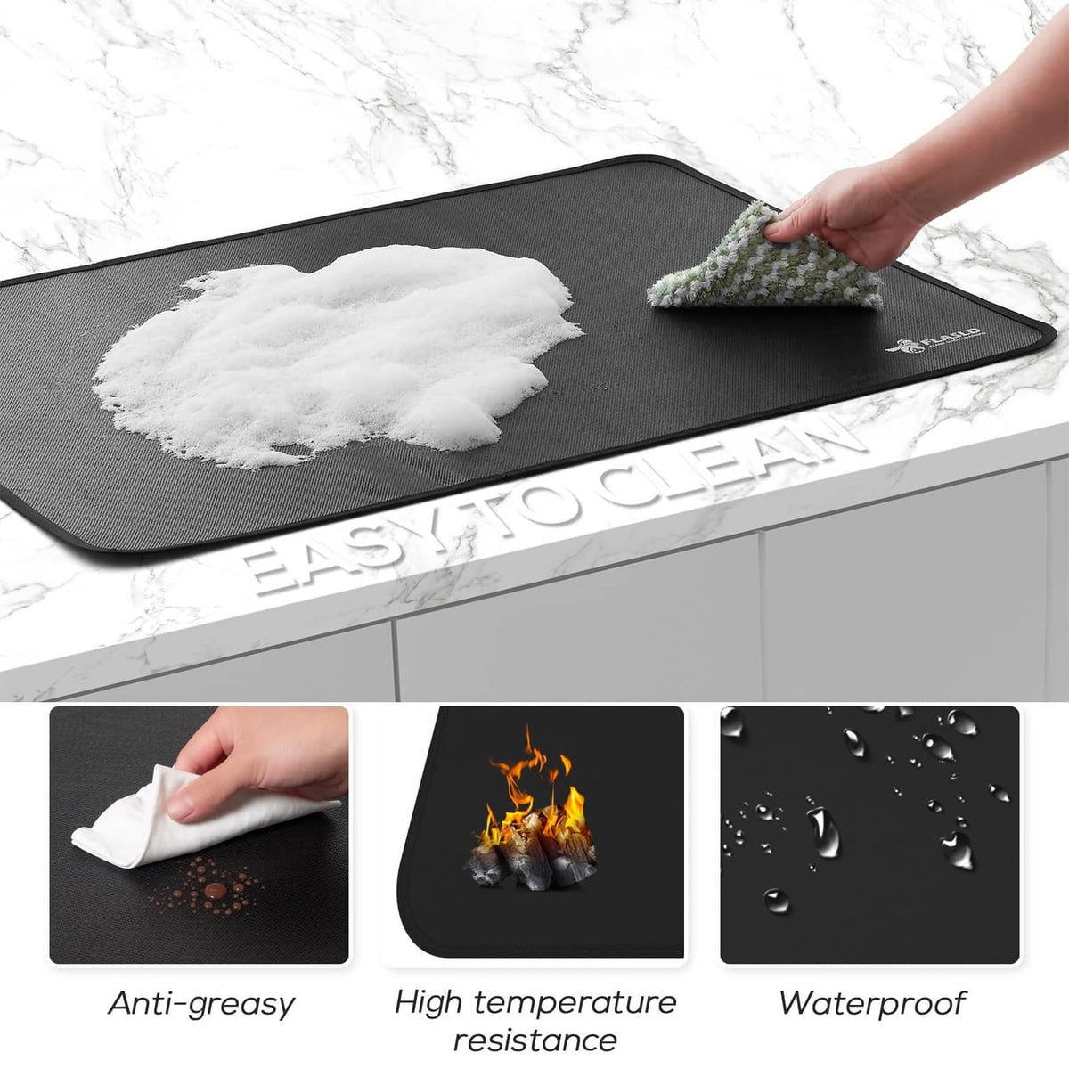 Black stove top cover being wiped clean with cloth, water-resistant surface