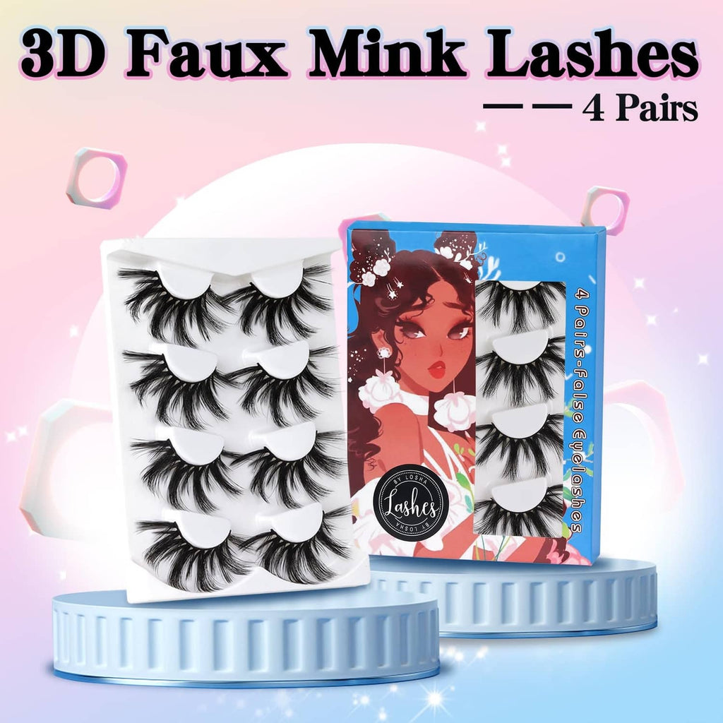 4-pair faux mink lash set with boxed packaging and stacked black lash strips