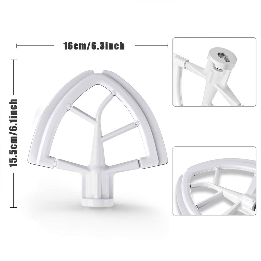 White flexible edge beater attachment with size markings and curved wire design