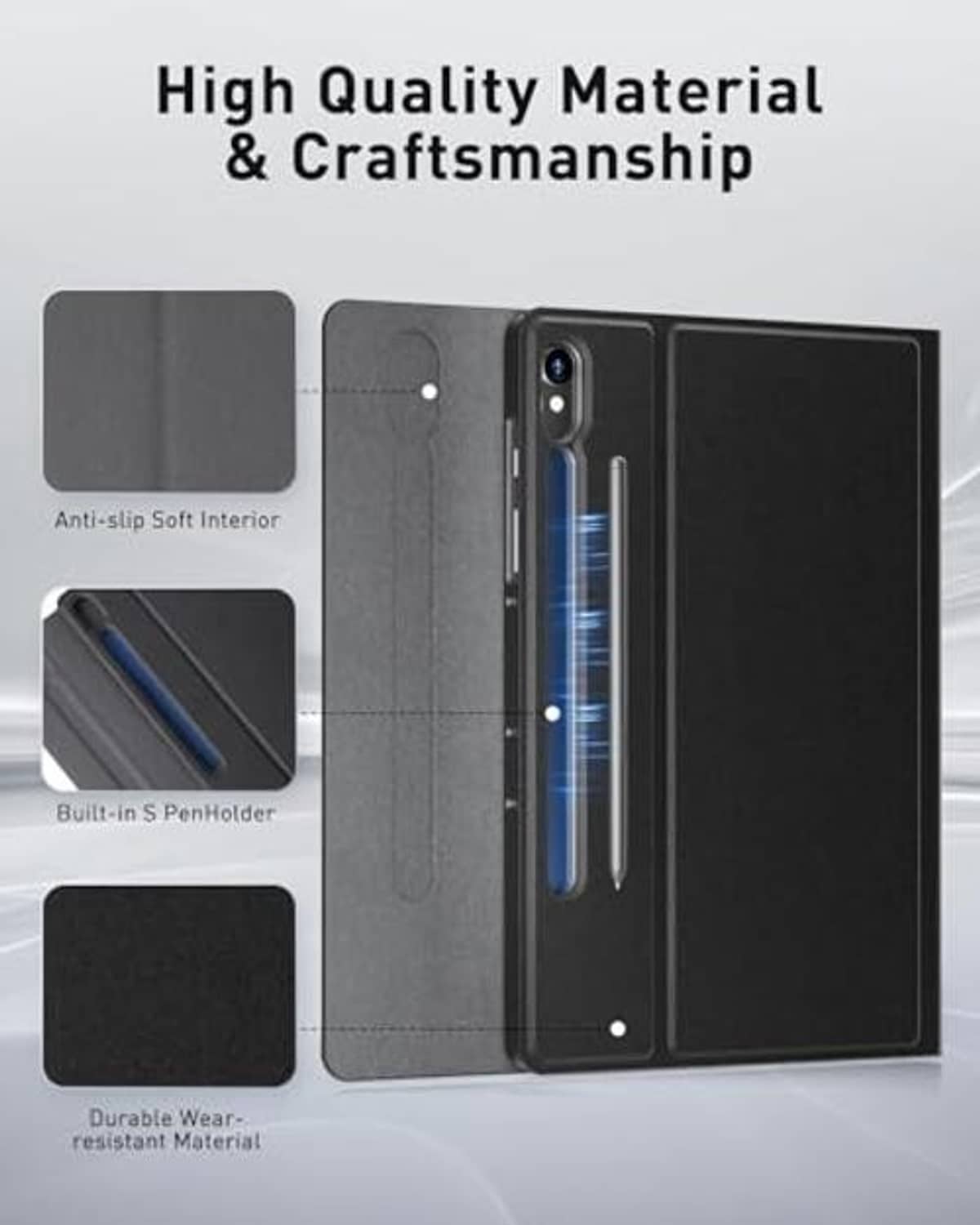 Black tablet keyboard folio case with pen holder slot and anti-slip interior