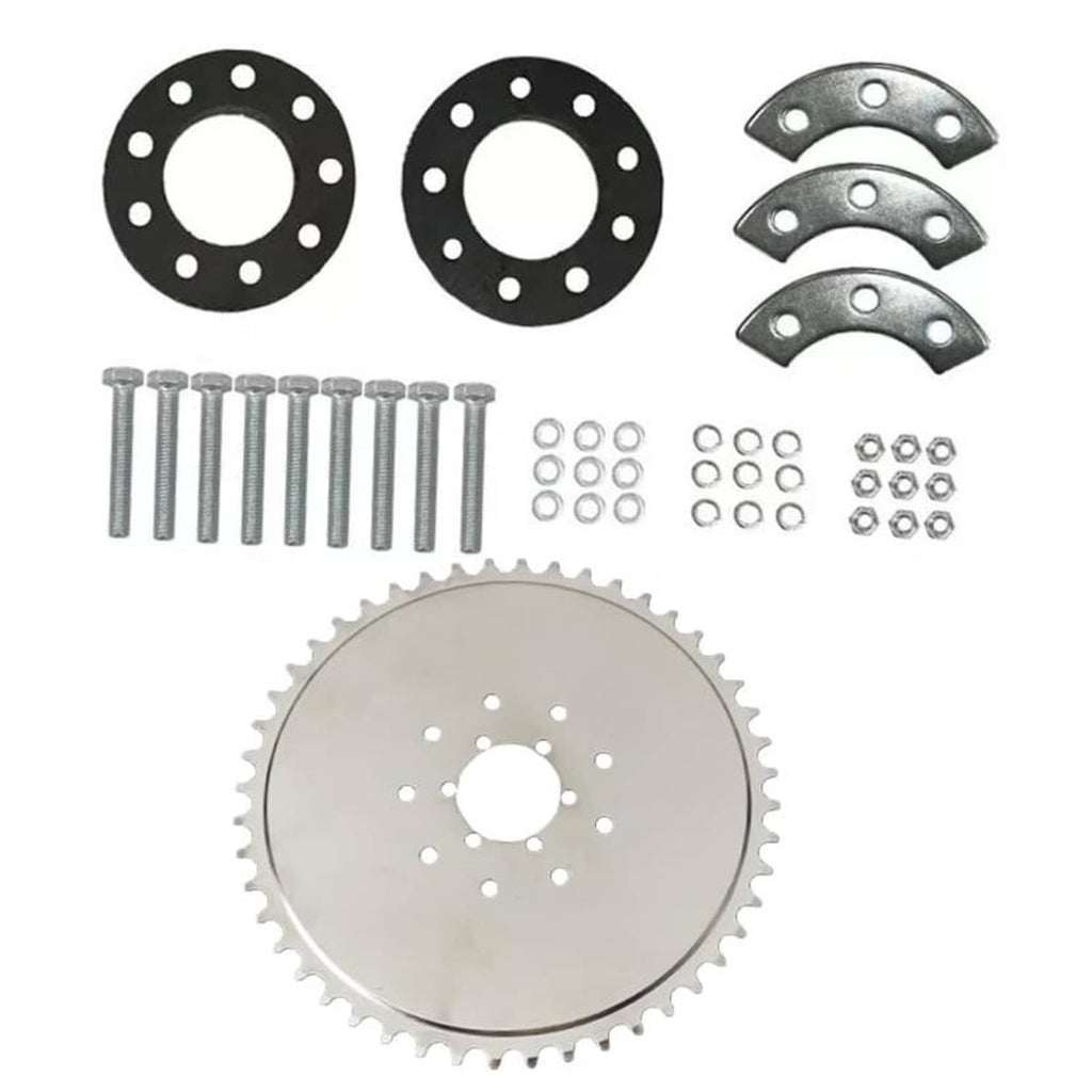 Steel 48-tooth engine sprocket with black mount rings, clamp brackets, bolts, and nuts kit