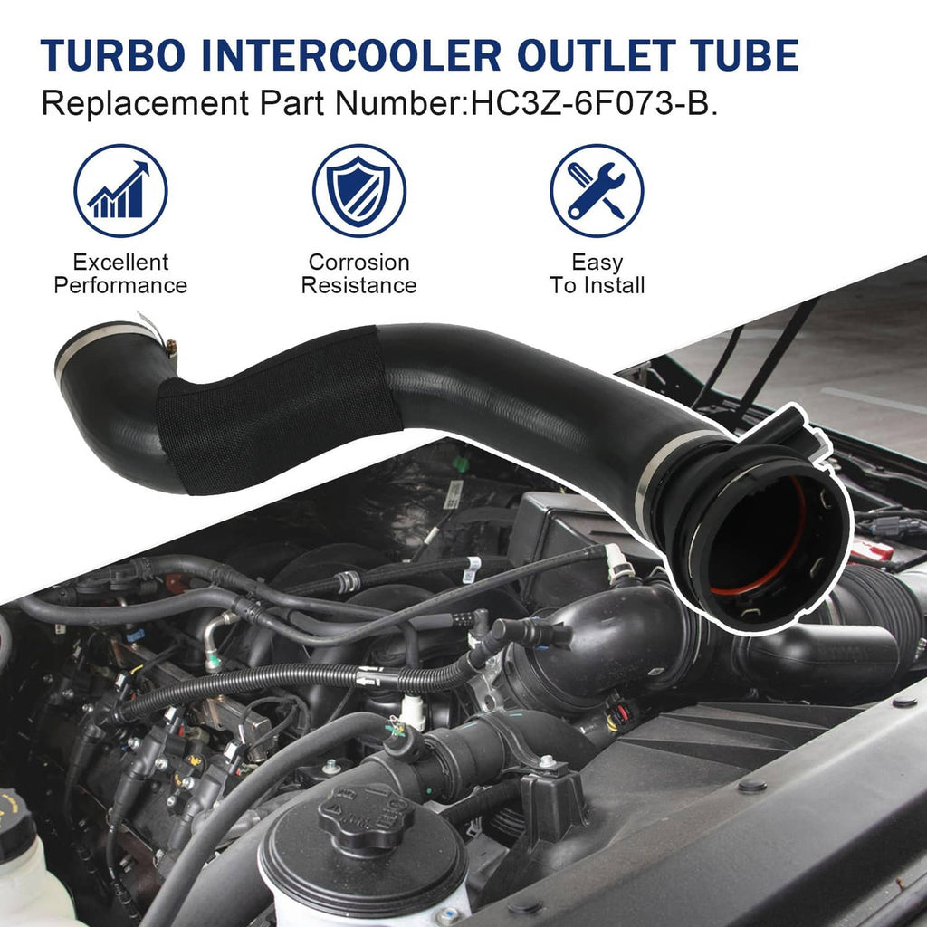 Turbo intercooler outlet tube with sensor, black rubber hose installed in engine bay