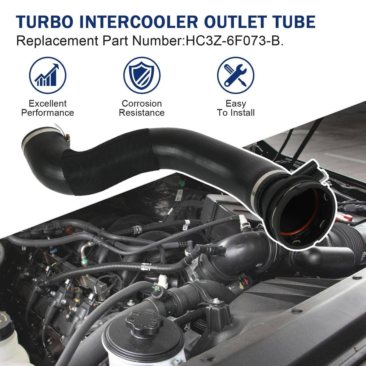 Turbo intercooler outlet tube with sensor, black rubber hose installed in engine bay
