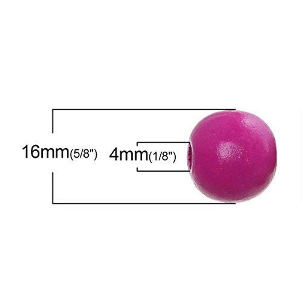 Purple round wooden bead with center hole; size shown as 16mm length, 4mm hole