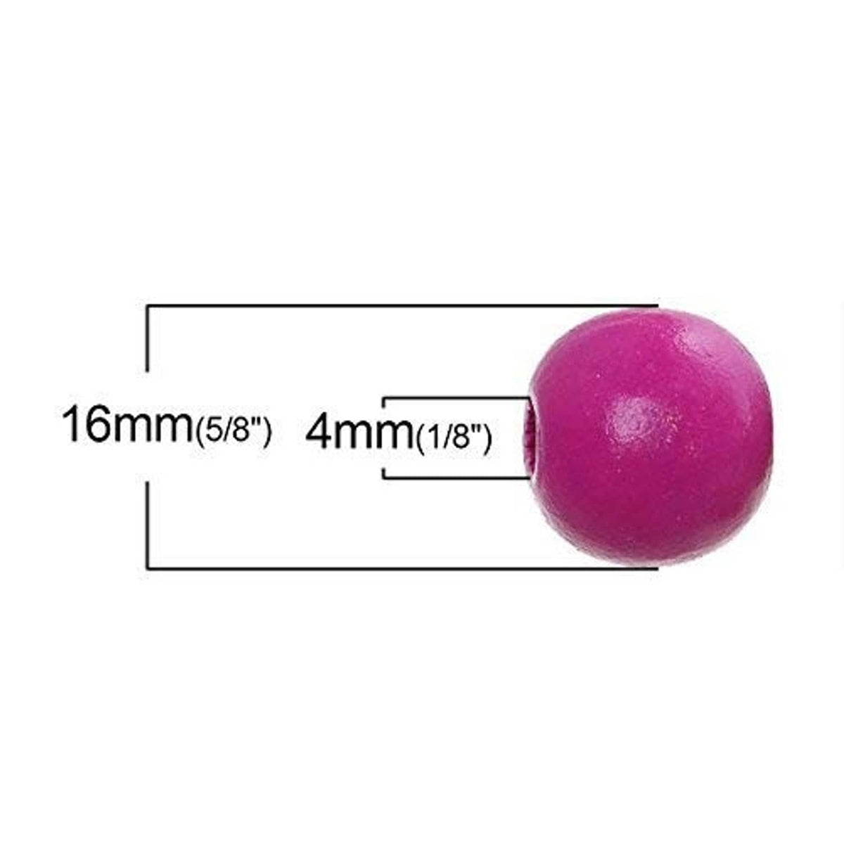Purple round wooden bead with center hole; size shown as 16mm length, 4mm hole