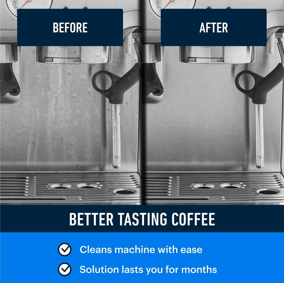 Descaling solution before-and-after view of a coffee machine dispensing area
