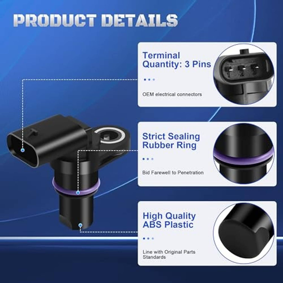 Black camshaft sensor with purple sealing rubber ring and 3-pin terminal