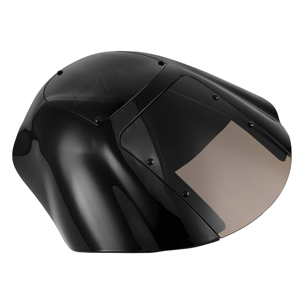 Black quarter headlight fairing windshield with tinted visor, side angle view