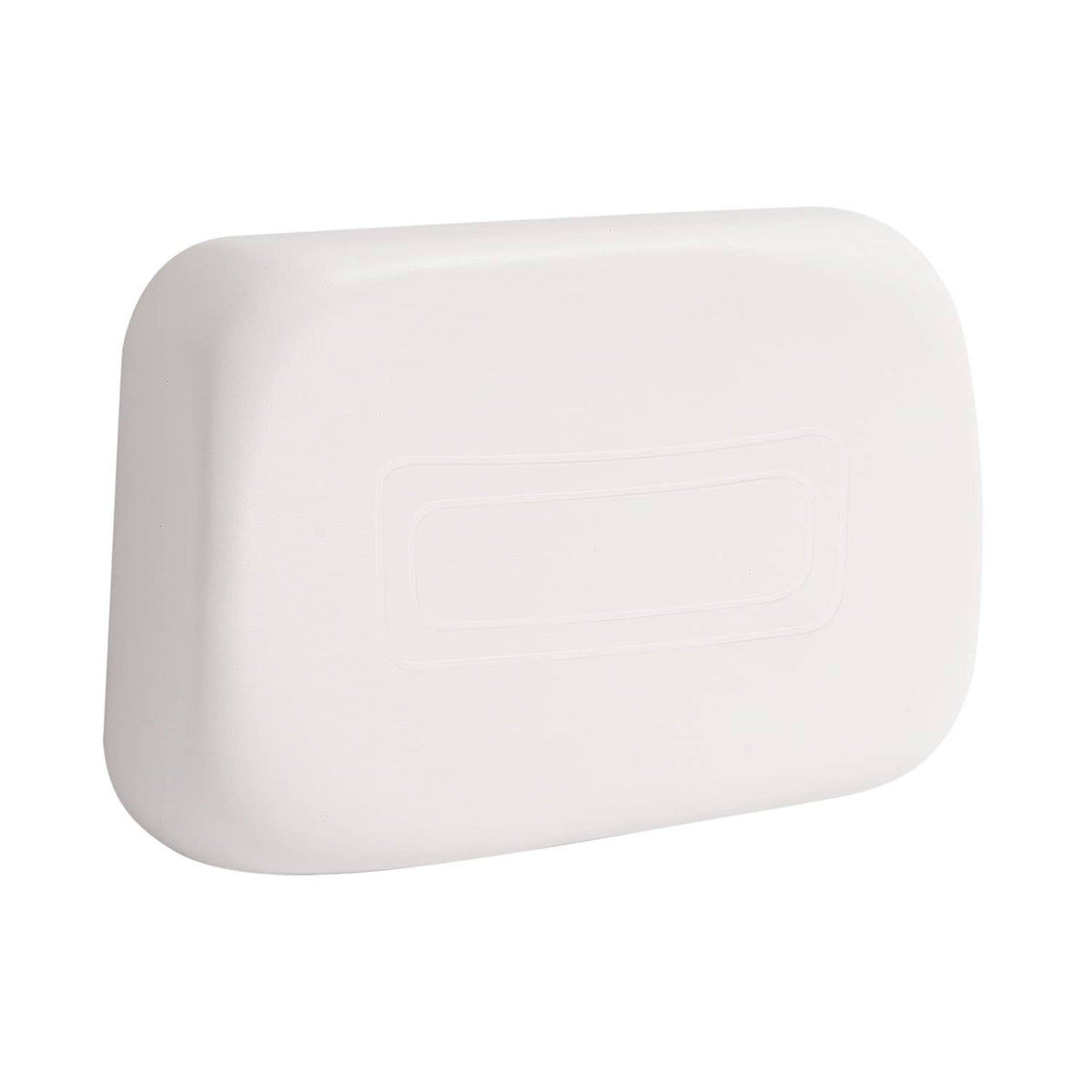 White seat back cushion with recessed rectangular emblem panel and rounded profile