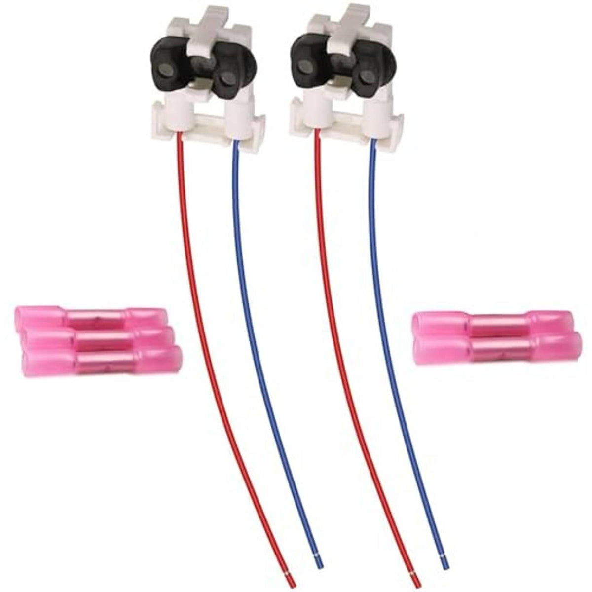 Two TBI fuel injector wiring pigtail connectors with red and blue wire leads