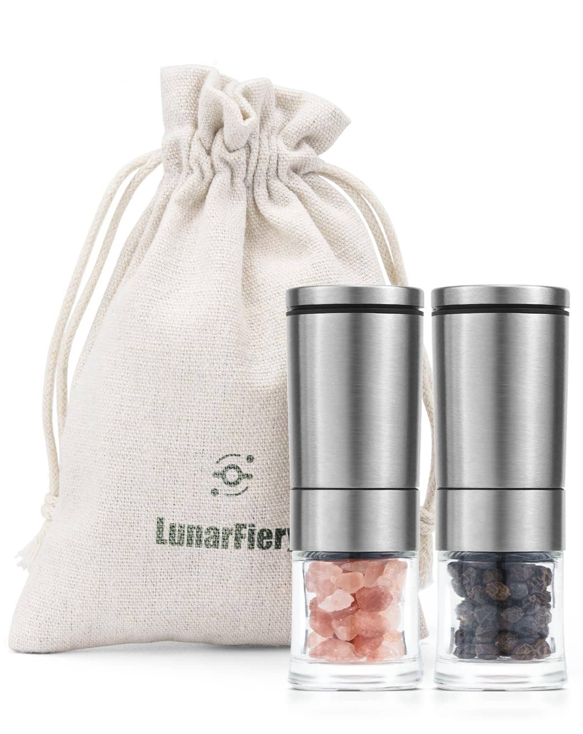 Mini stainless steel salt and pepper grinders with clear chambers and storage drawstring bag