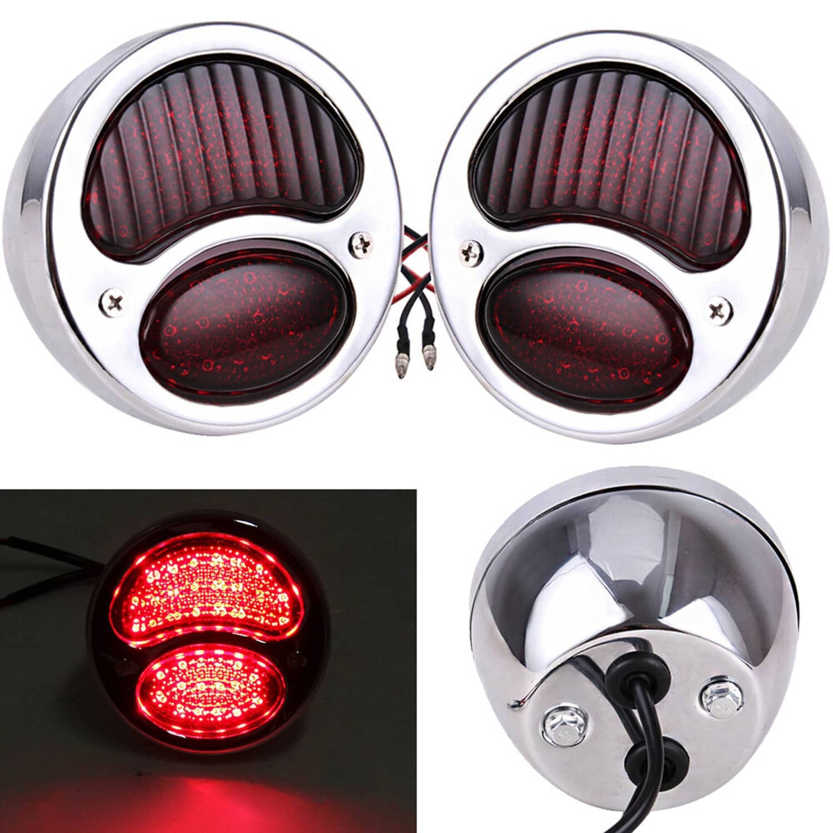 Two chrome oval LED tail lights with red lenses and black wires, front view