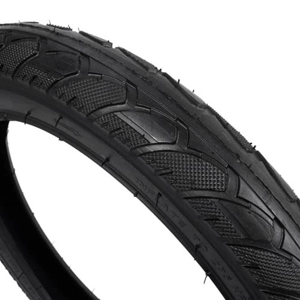Black 16x2.50 tire with close-up tread blocks and textured sidewall