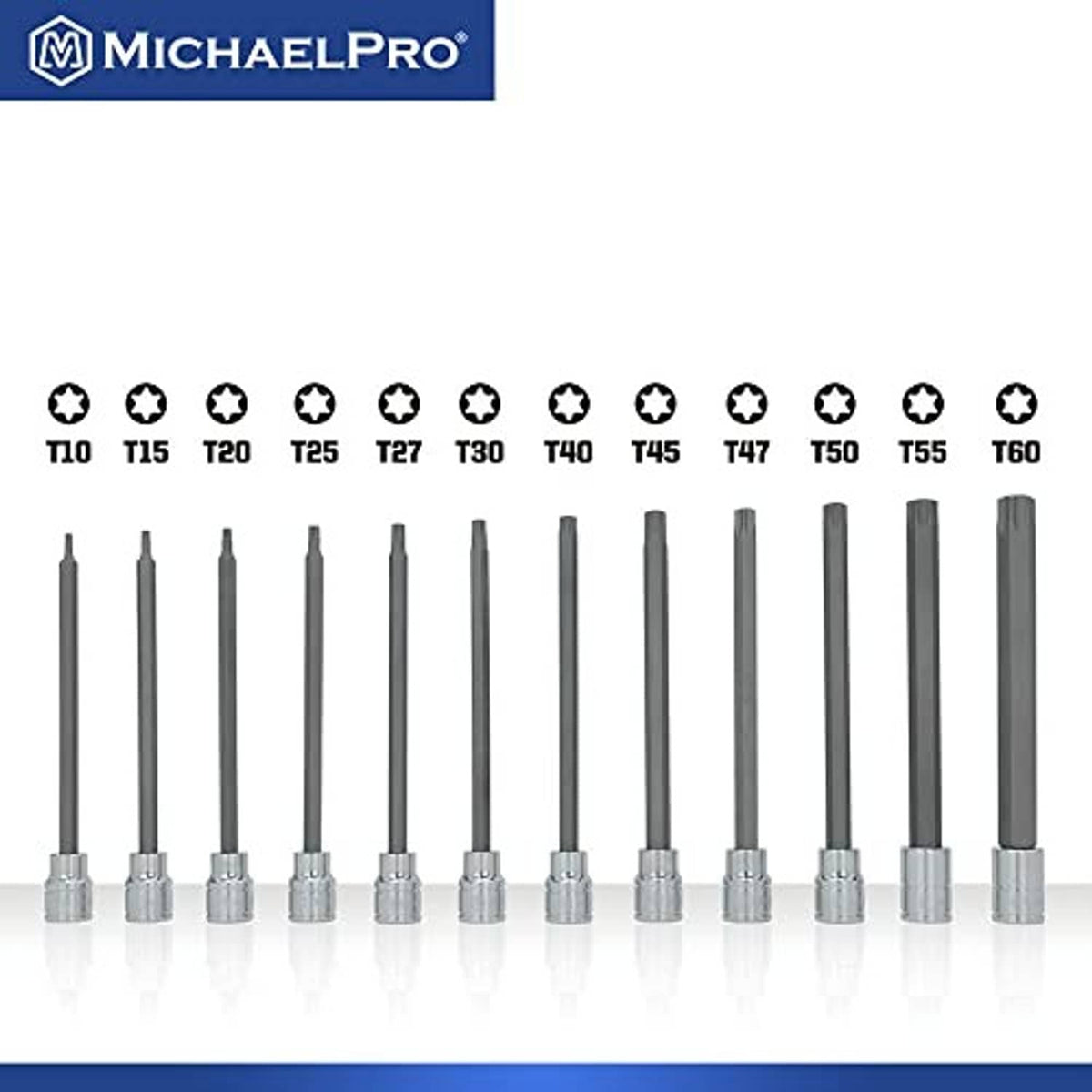 Row of MichaelPro Torx bit sockets T10 to T60 with dark gray shafts and chrome heads