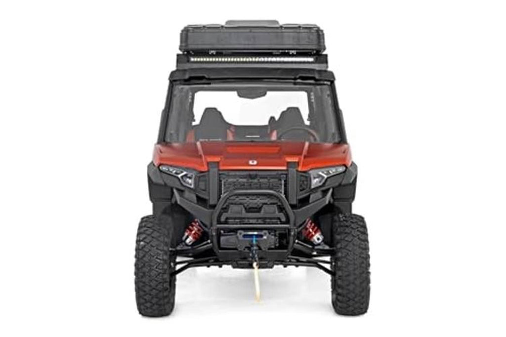 UTV full windshield with clear panel and black frame with roof-mounted light bar