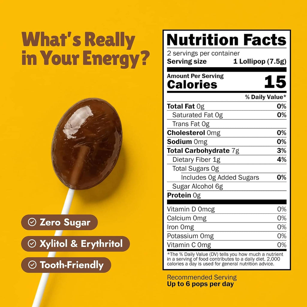 Nutrition facts panel for sugar-free espresso natural caffeine lollipops, 1 lollipop (7.5 g)