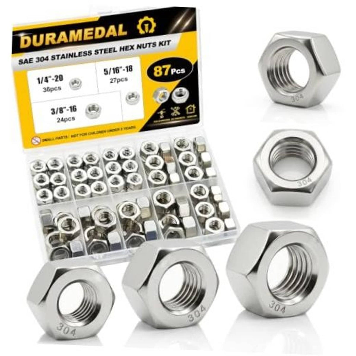 304 stainless steel SAE hex nuts assortment, shiny silver hex fasteners