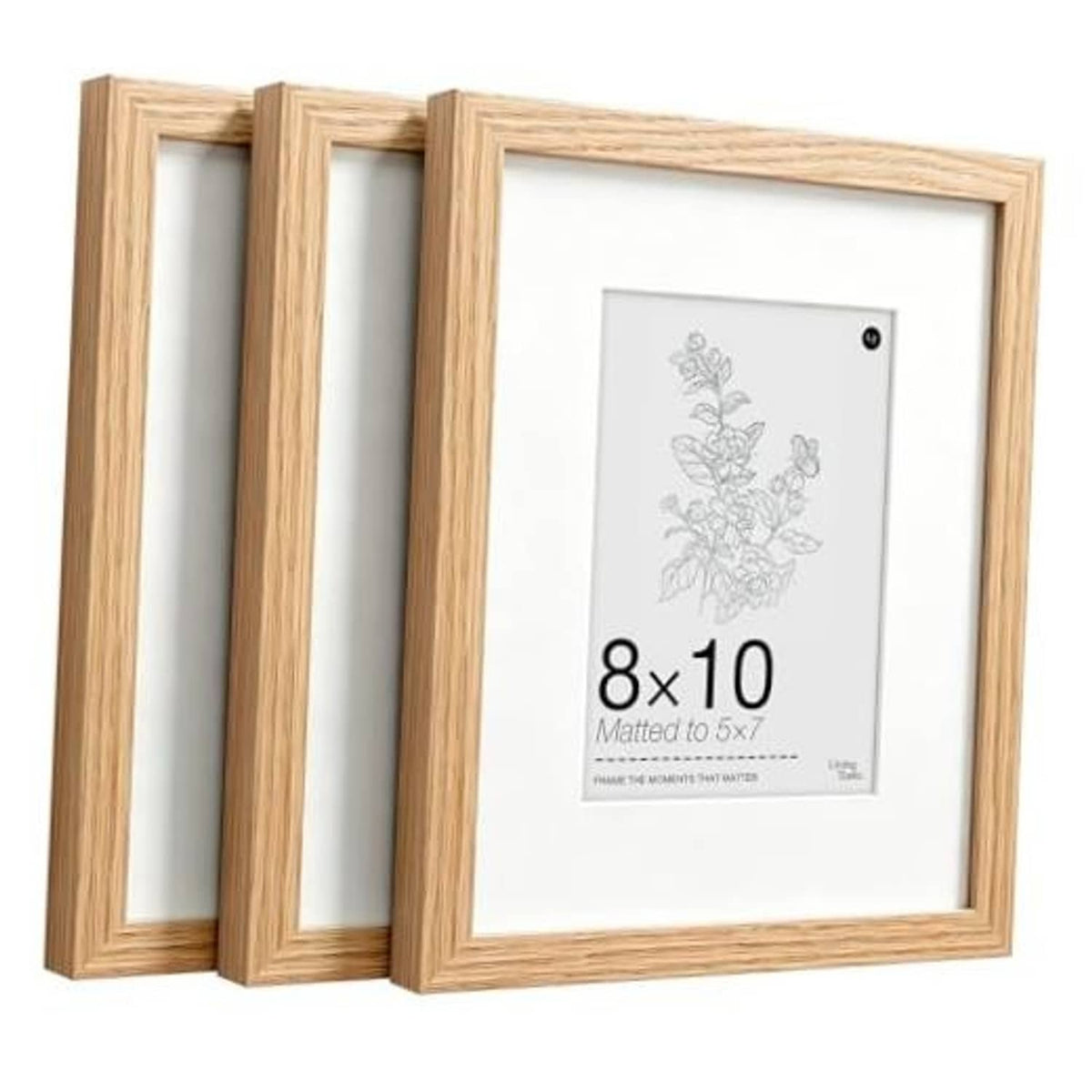 Set of 3 oak picture frames with clear tempered glass, each holding an 8x10 print