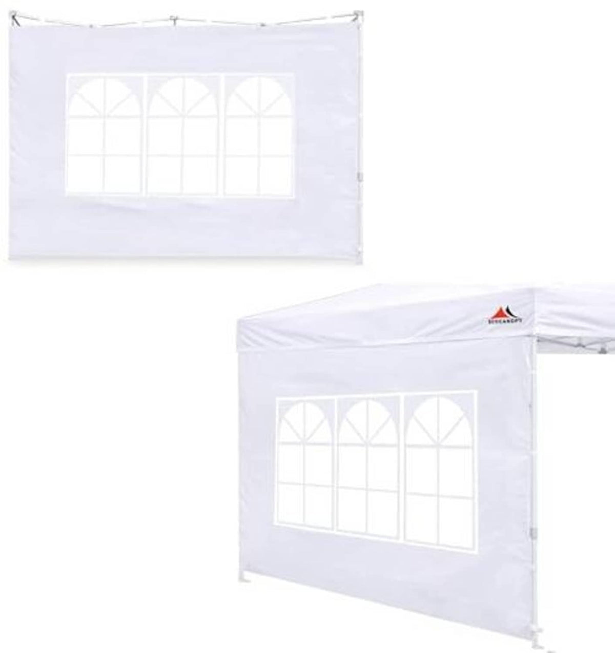 White canopy sidewall panel with clear window grid of arched panes and hanging points