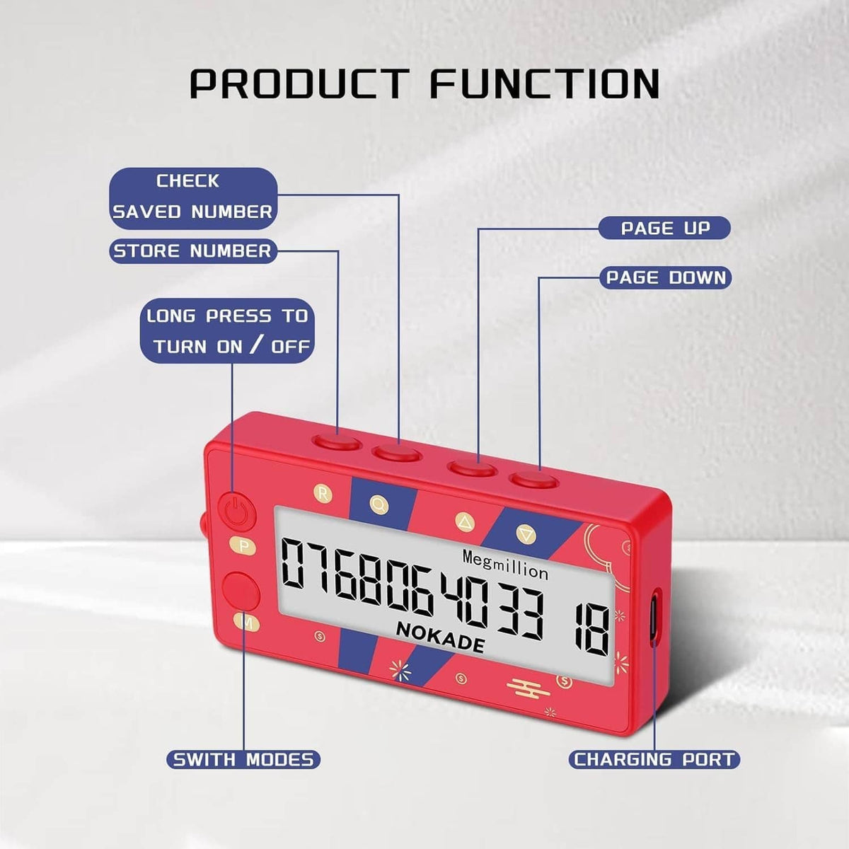 Red lottery number generator showing product function icons, with LCD number display