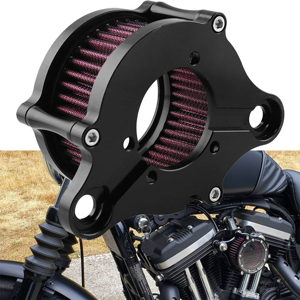 Air cleaner intake filter kit with black housing and red pleated cone filter on bracket