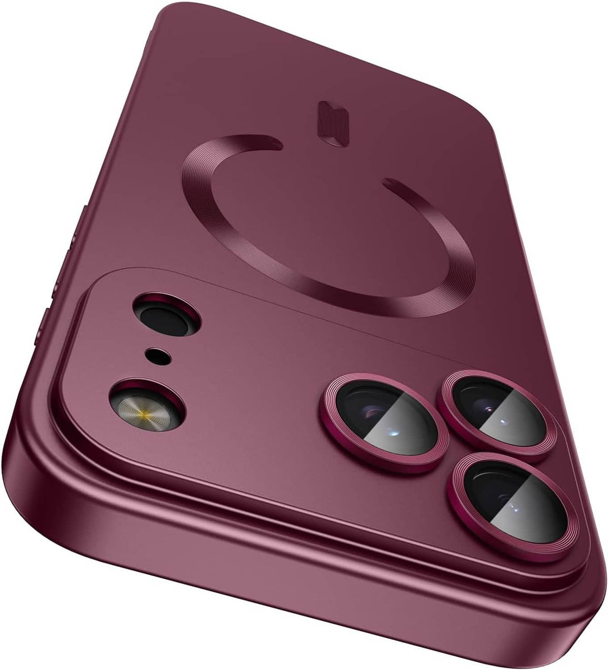 Burgundy iPhone case close-up back with camera lens openings and raised edges