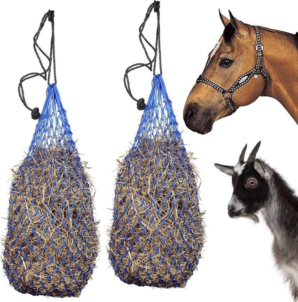 Two blue-and-tan conical hay nets with black hanging cords