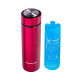 Red insulin travel cooler case with black lid and blue gel pack sleeve