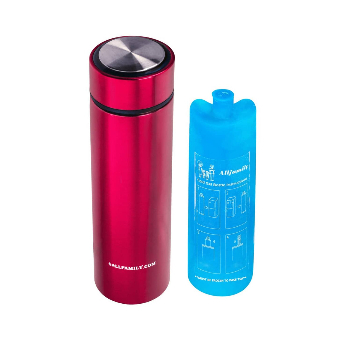 Red insulin travel cooler case with black lid and blue gel pack sleeve