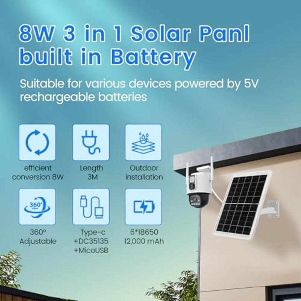 Wall-mounted solar panel with a connected security camera and power cables