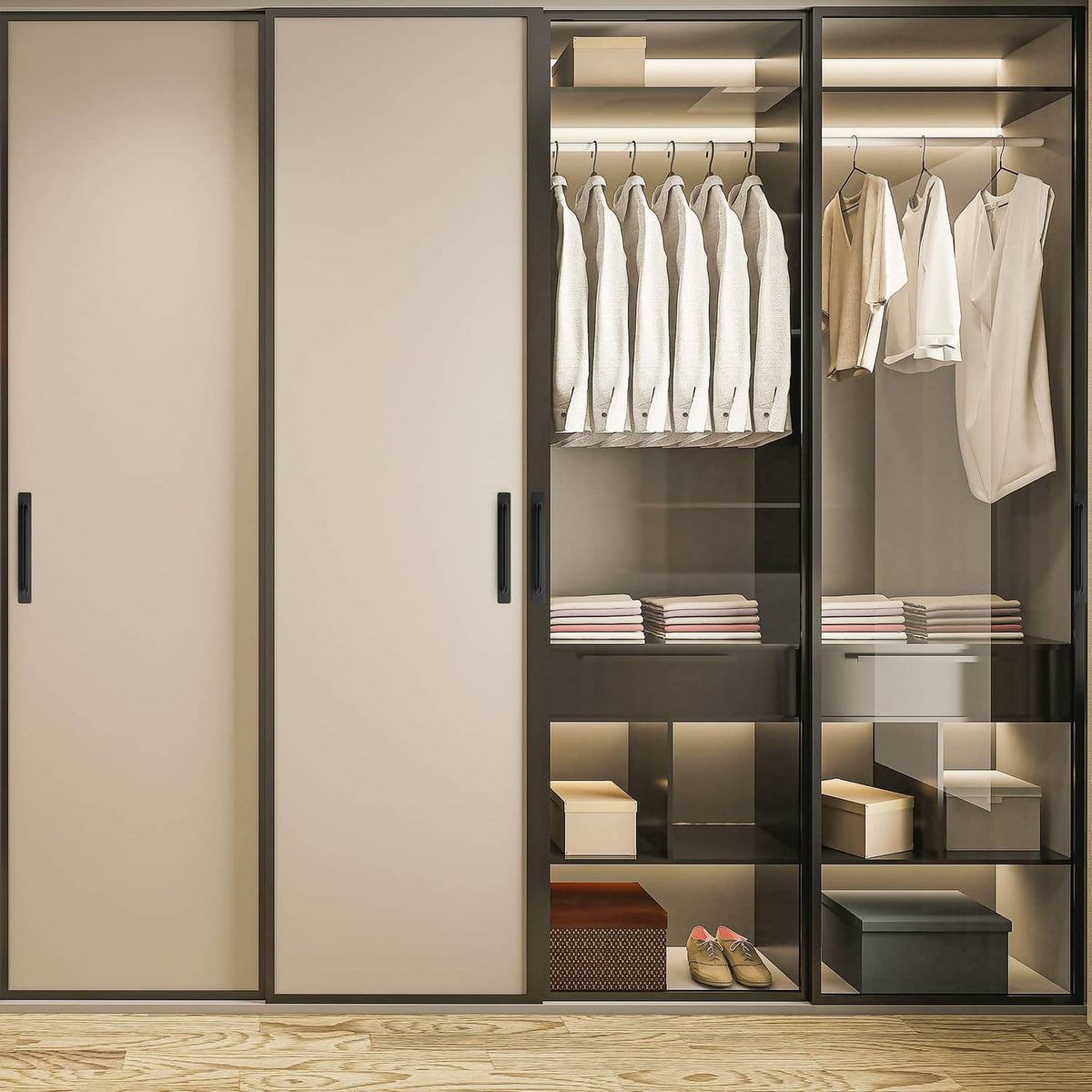 Black bar handles on open wardrobe doors for cabinets and drawers