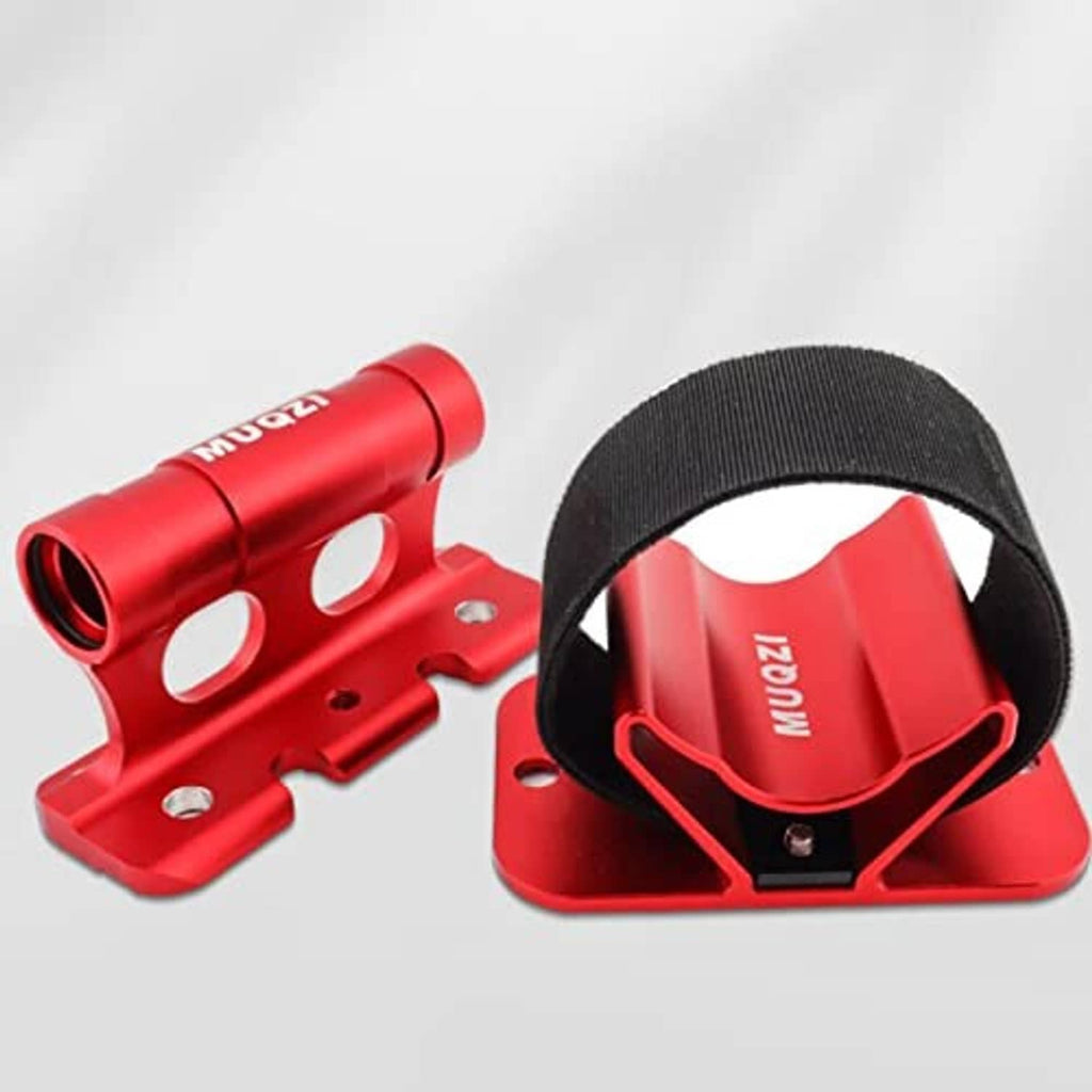 Red aluminum bike fork mount with black strap pad, angled close-up