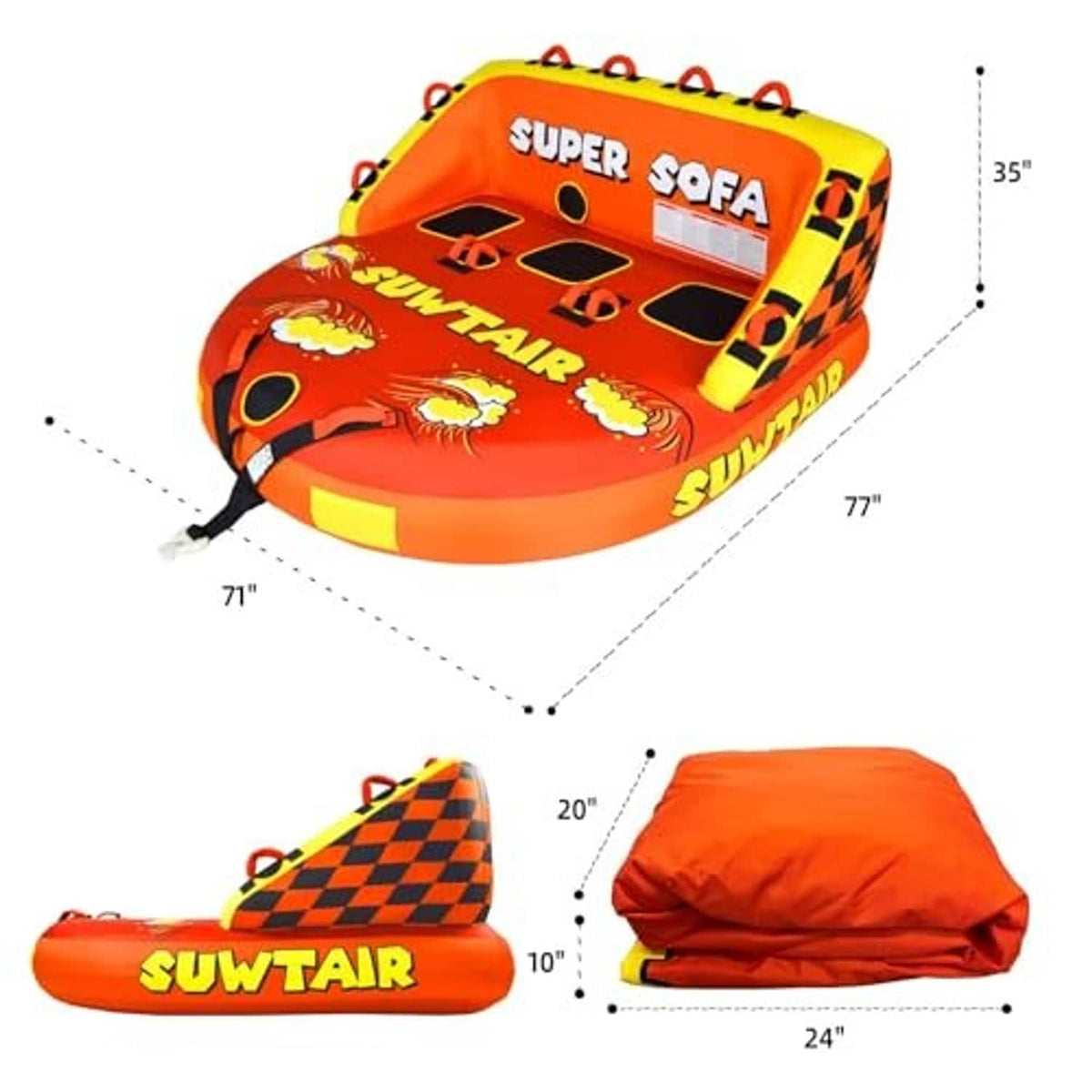 Inflatable towable pull tube, orange and yellow Super Sofa top with four grab handles.