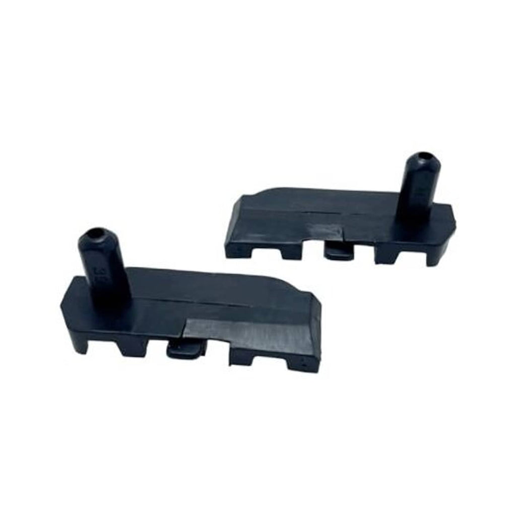 Pair of dark plastic radiator support brackets with pin posts and mounting slots