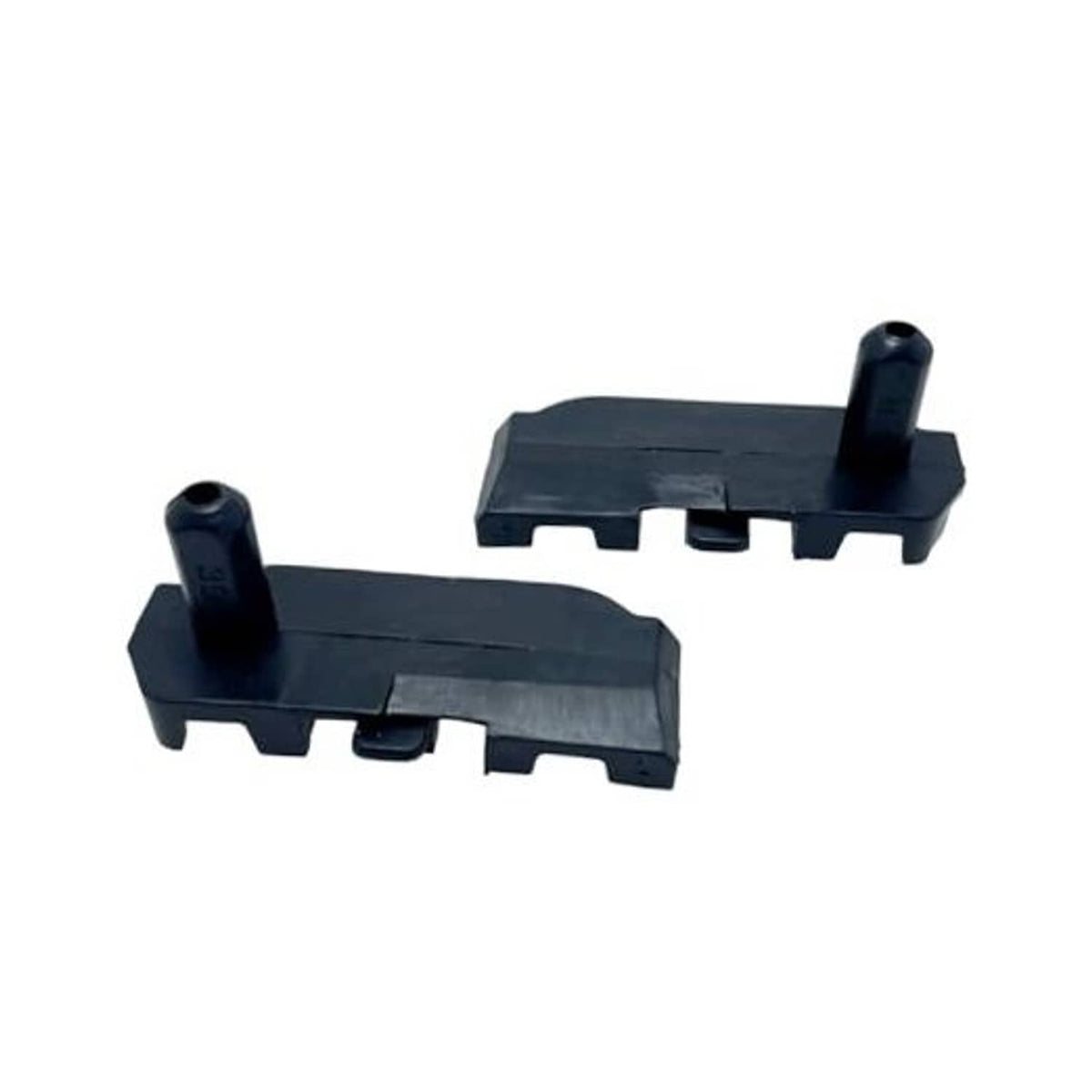 Pair of dark plastic radiator support brackets with pin posts and mounting slots