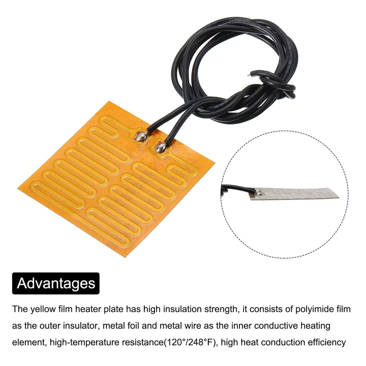Orange film heating plate with black leads and close-up of attached terminal area
