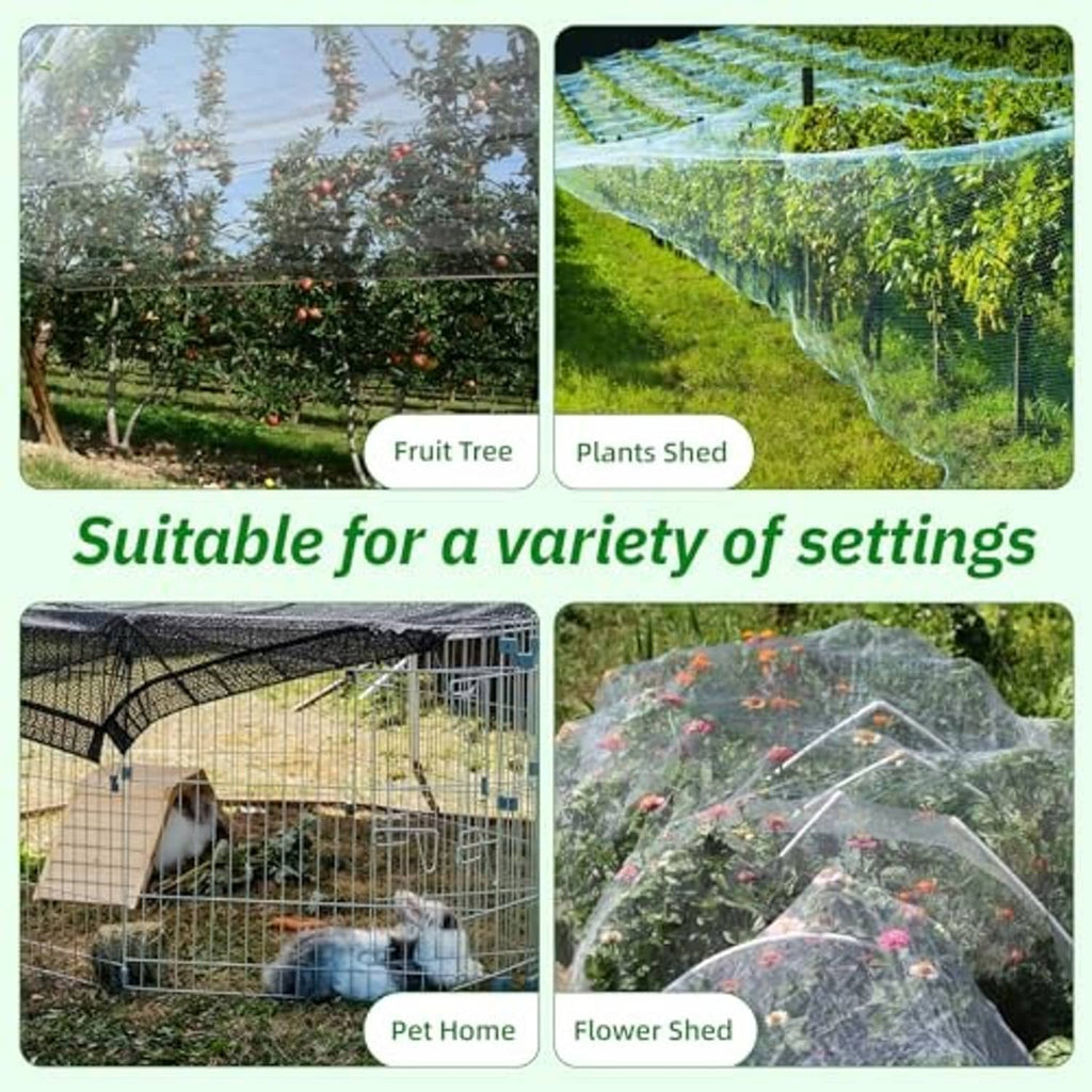 Black shade cloth clips securing netting on garden plants, pet enclosures, and flowers