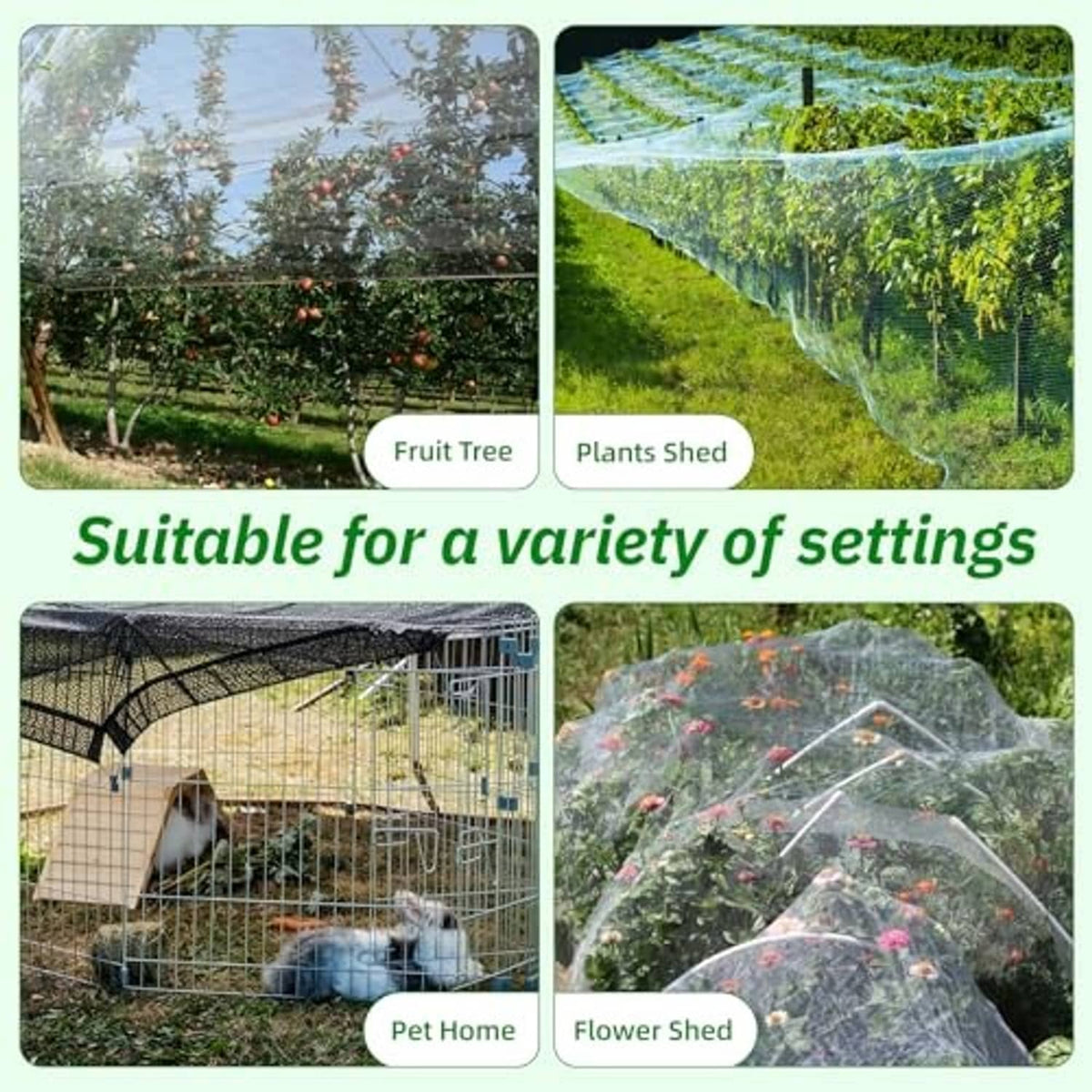 Black shade cloth clips securing netting on garden plants, pet enclosures, and flowers